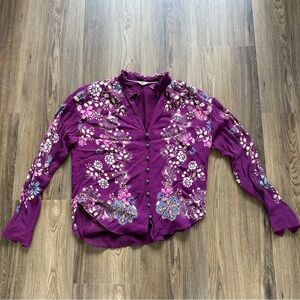 Pilcro The‎ Tavi Button Down Blouse Purple Floral Small Ruffle  Chiffon Cottage